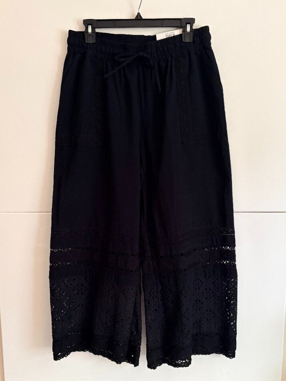 Style & Co Woman Black Drawstring Wide Leg Pants w Lace Cut Out Details Sz LP